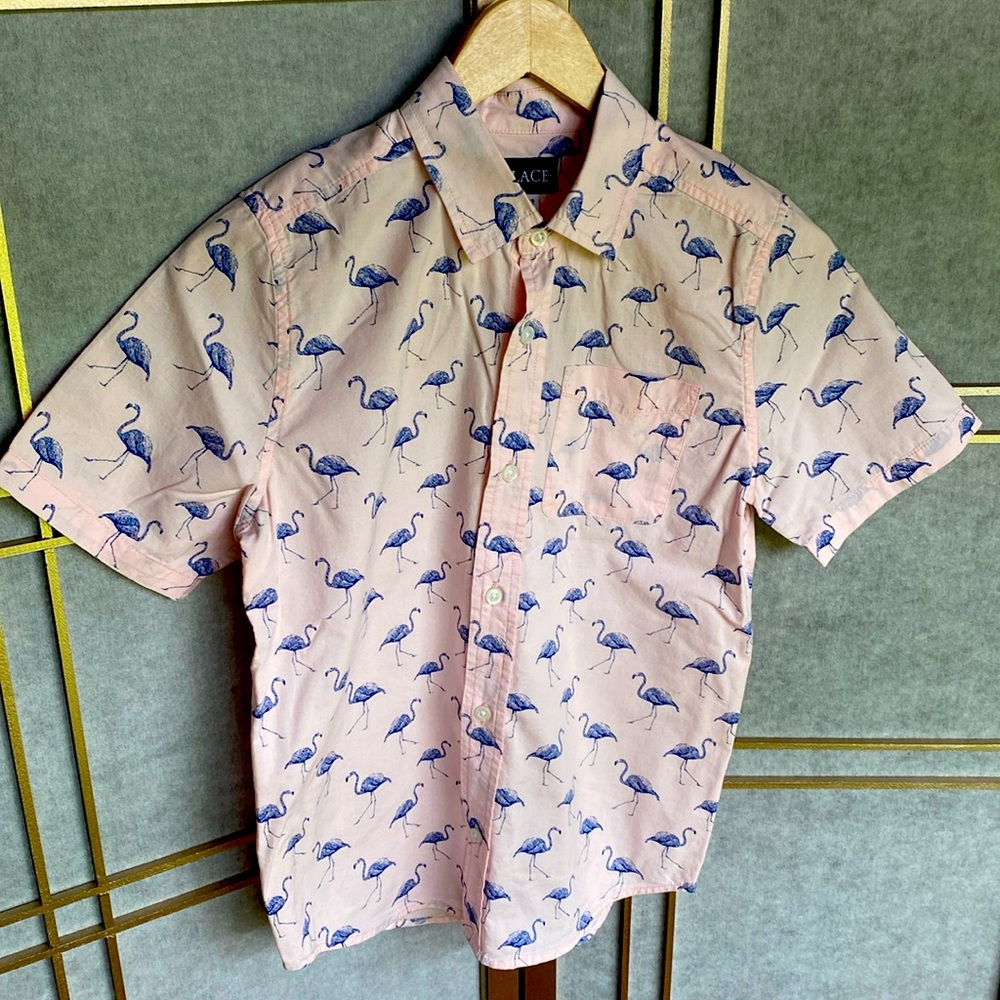 5/$25 Pink with flamingo print, button front, short sleeve shirt, boy’s 10/12(L)